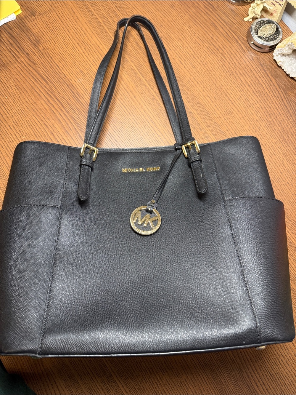 Michael Kors Black Saffiano Leather Tote with Gold Hardware